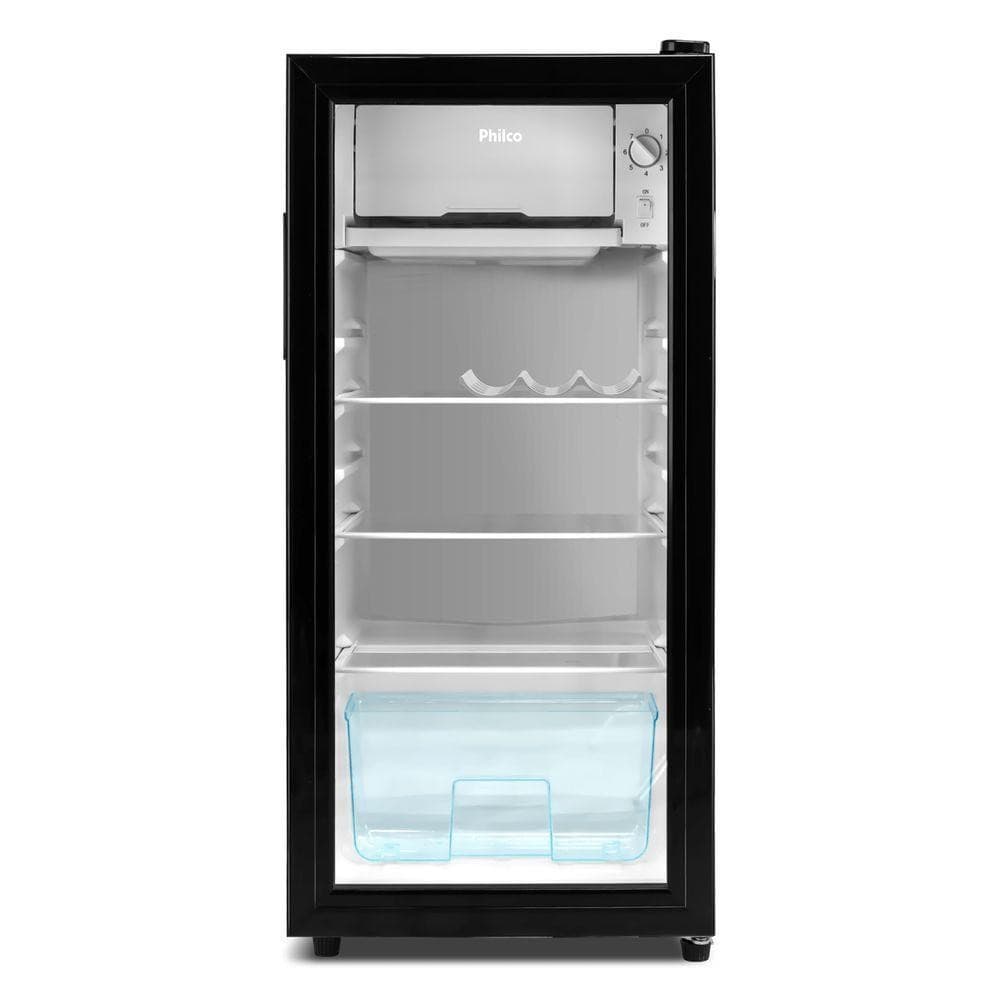 Frigobar Philco 85L com sete níveis de temperatura, preto, porta de vidro, compartimento para gelo