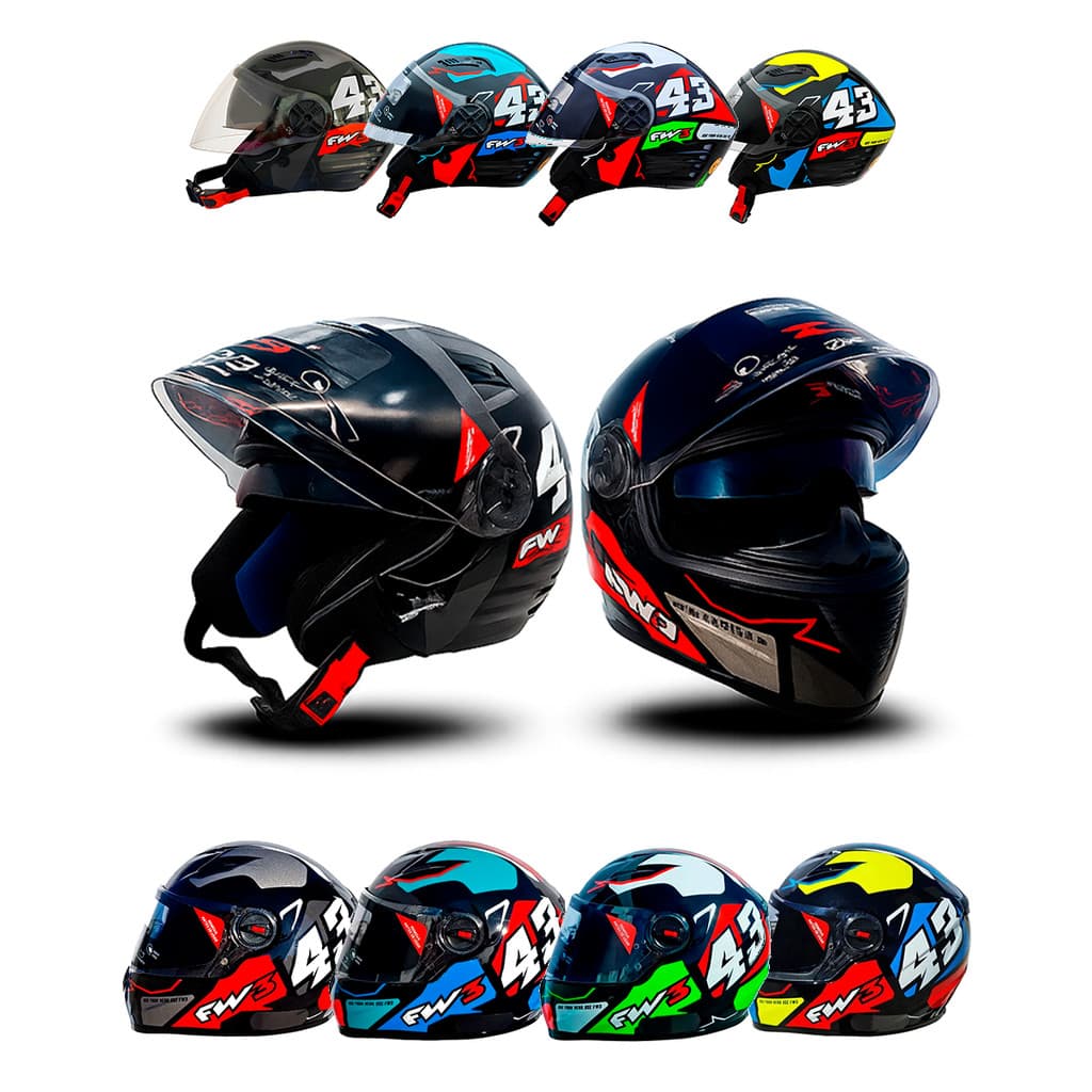 Capacete para Moto FW3 Modelos Aberto X Open Up 43 ou Fechado GTX 43 Várias Cores e Tamanhos - FW3