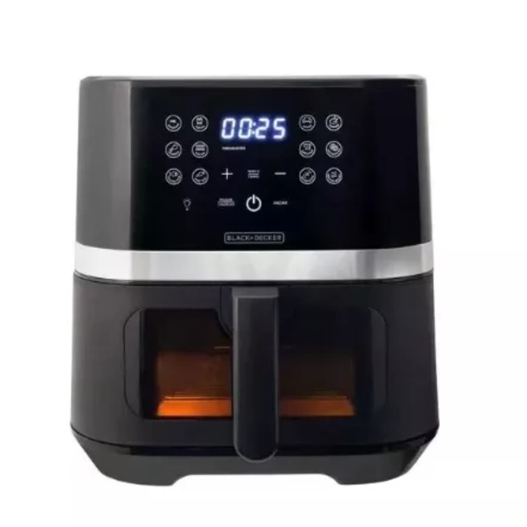 Fritadeira elétrica digital Black & Decker 7L, painel com tempo de 00:25, controles e fundo branco