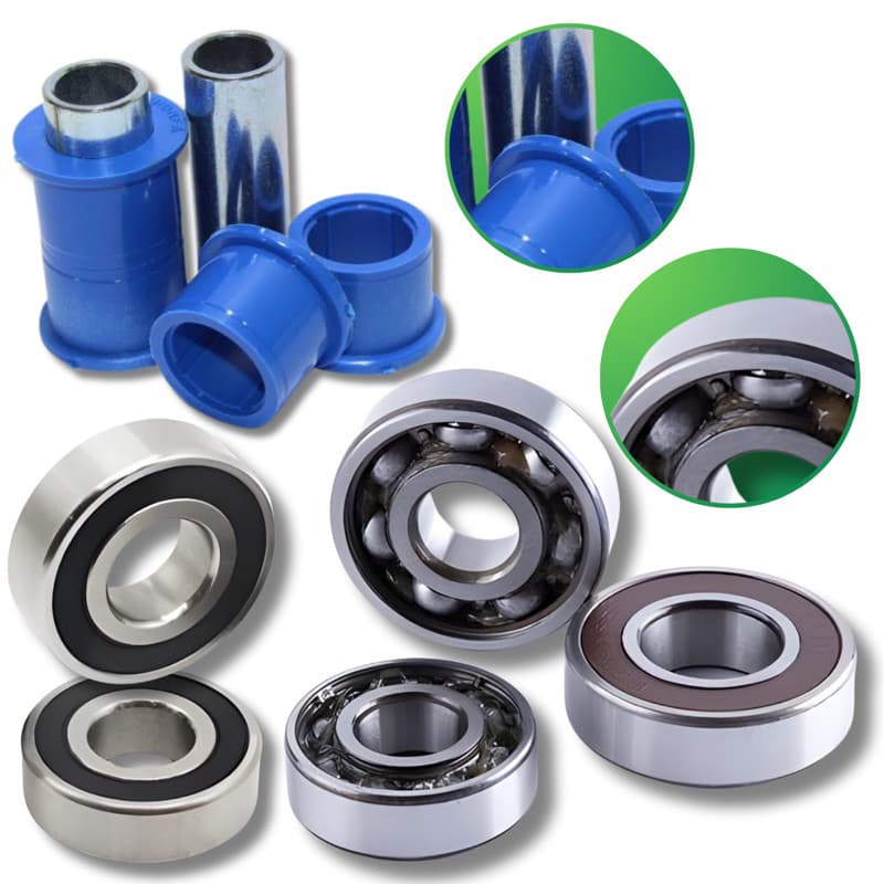 Kit de rolamentos para rodas de bicicleta, com rolamentos roda traseira, roda dianteira e buchas da balança, em cores prata e azul, sobre fundo branco.