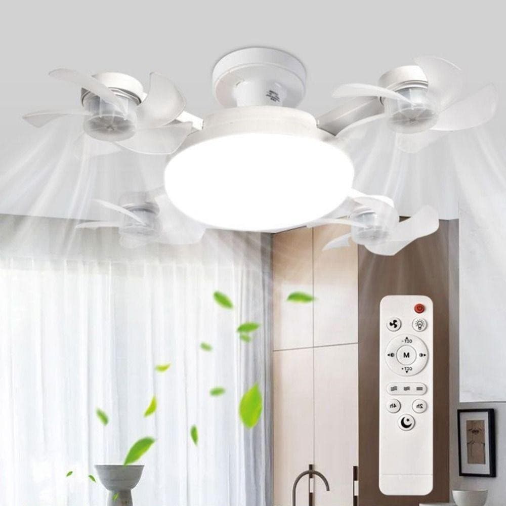 Ventilador de teto branco dobrável com LED, controle remoto, luz acesa, pás em movimento