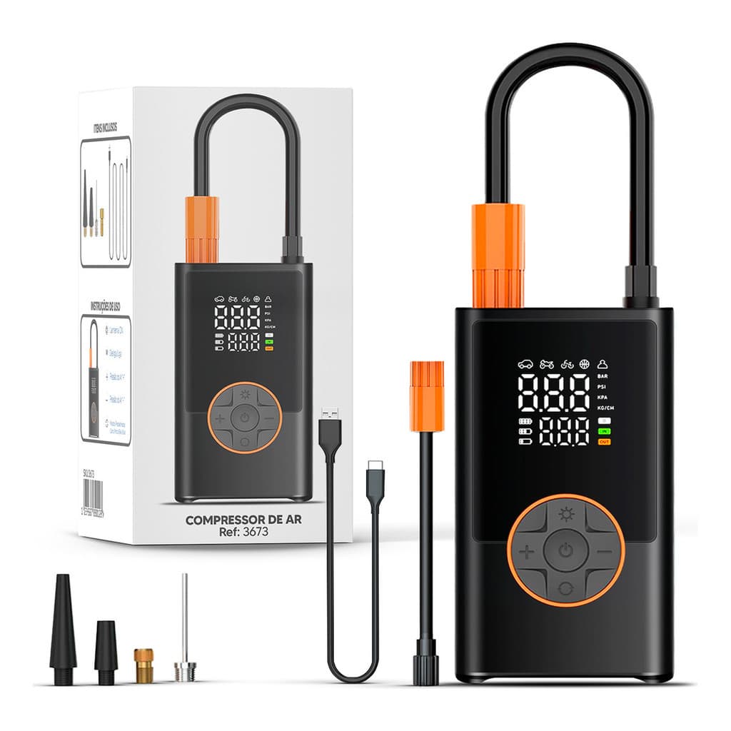 Compressor de ar portátil com display digital, cabo USB e acessórios para pneus