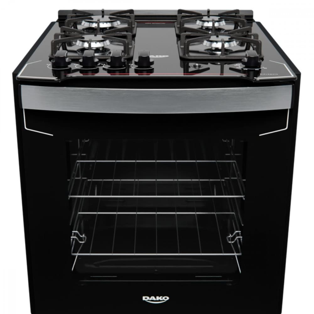 Fogão de Embutir 4 Bocas Dako Diplomata com Mesa de Vidro, preto, com forno e quatro bocas visíveis.