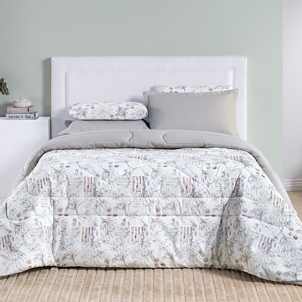 Edredom duplo face estampado em tecido percale de algodão, cinza e branco, para cama queen/king/super king