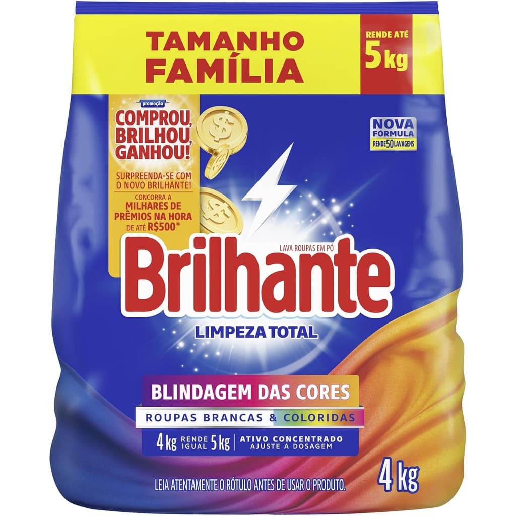 Pacote tamanho família de sabão em pó Brilhante 4kg