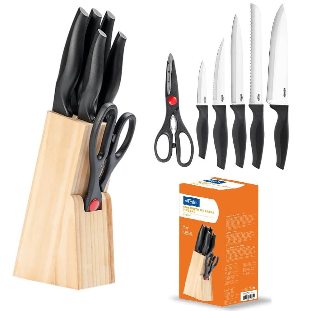 Conjunto 7 peças facas de cozinha aço inox e tesouras com cabo preto e lâmina vermelha
