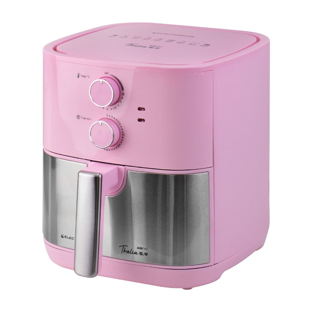 Fritadeira Thalia 5.9L, cor rosa, 1900W, 110V ou 220V, com controles digitais, isolada em fundo branco.