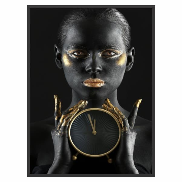 Quadro Decorativo 90x60 Moldura de Madeira Mulher Relógio Preto e Dourado Moderno Luxo Sala Quarto