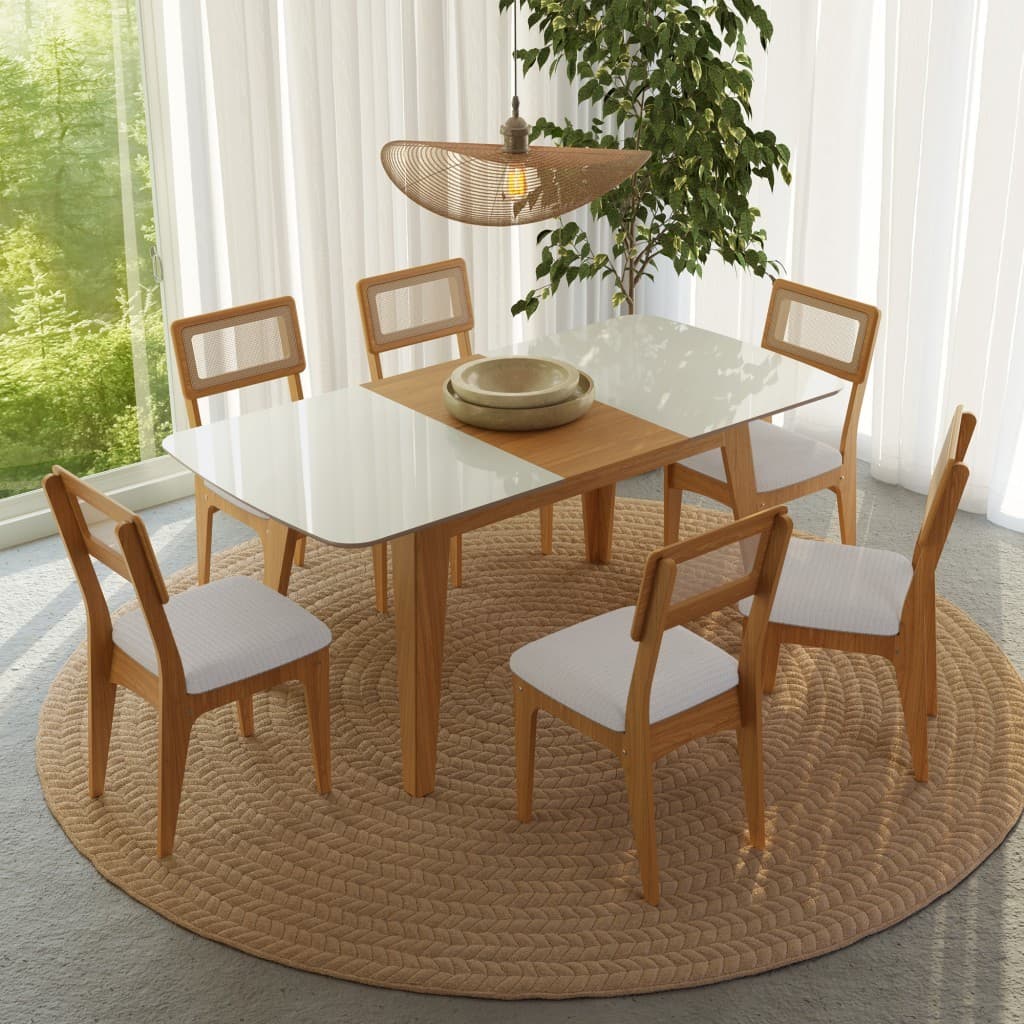 Conjunto de mesa extensível e cadeiras de jantar em madeira e tela sintética