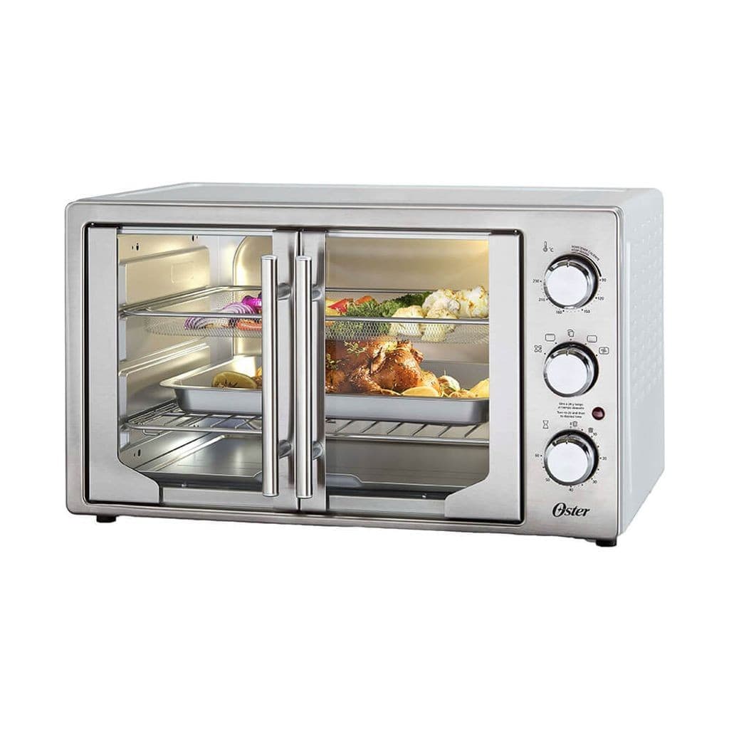 Forno fritadeira Oster 2x1 com portas francesas e visualização interna, 42 litros, 127V, aço inoxidável