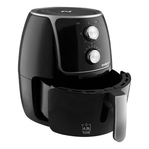Fritadeira elétrica Good&go 4,2L, preta, com tampa aberta e controles rotativos