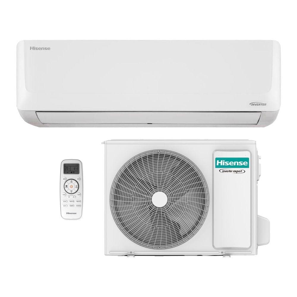 Ar Condicionado Inverter Wi-Fi Hisense 24K Btu-As-24uw2, branco, controle remoto e compressor.