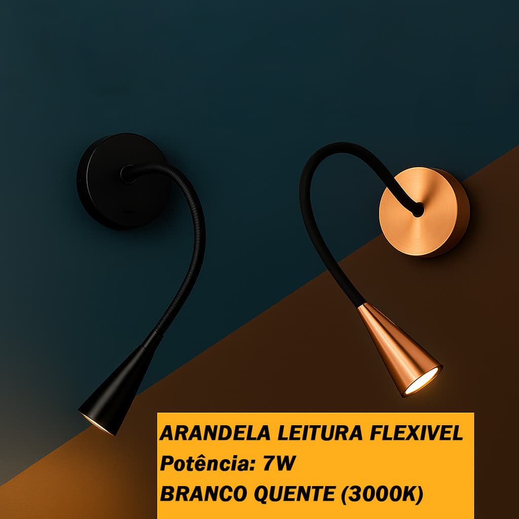 Arandela de leitura flexível LED preta e dourada com luz acesa, fundo gradiente azul e marrom.