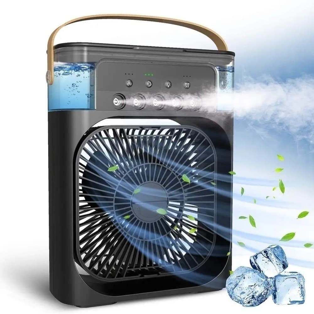 Refrigerador de ar portátil com ventilador e umidificador, preto e cinza, com reservatório de água e ventilador na frente.