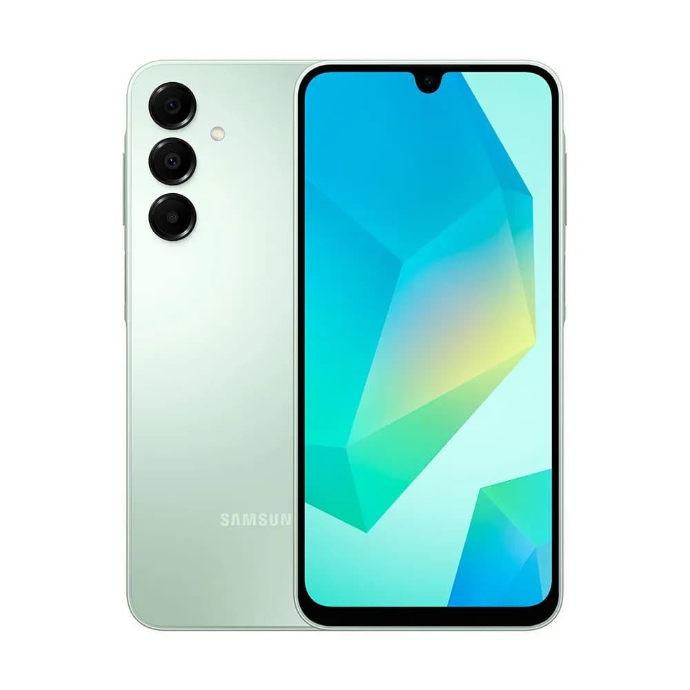 Celular Samsung Galaxy A16 cinza, frente e verso com câmeras e logo Samsung