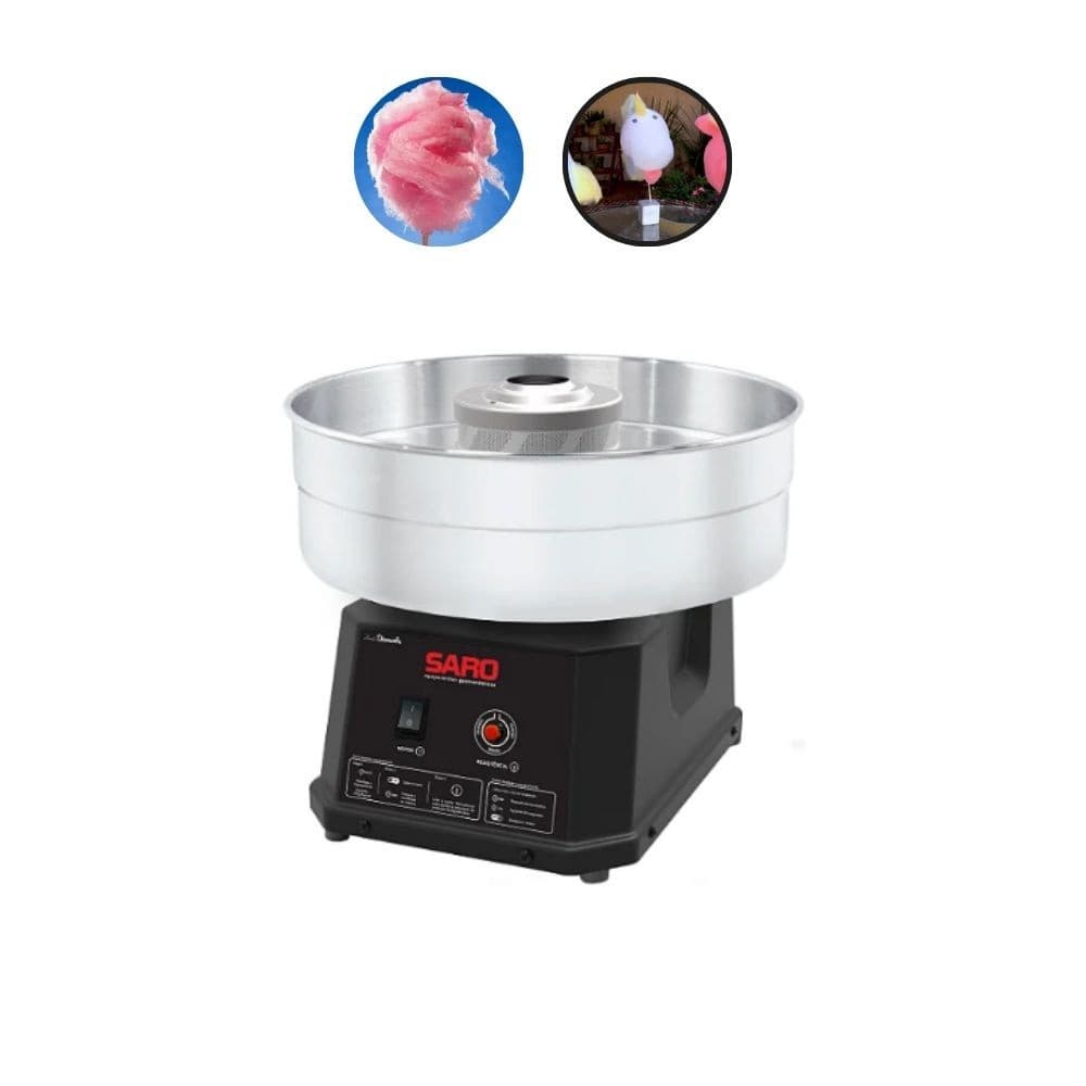 Máquina de algodão doce profissional Saro, base em aço inoxidável, botão vermelho, exemplos de algodão doce rosa e multicolorido.