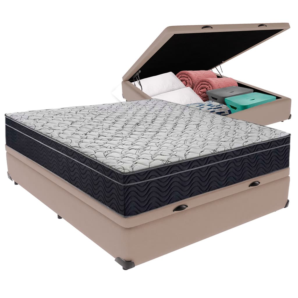 Cama box baú Viúvo bege com colchão Airtech D45 cinza Ortobom, com espaço para armazenamento, fundo branco