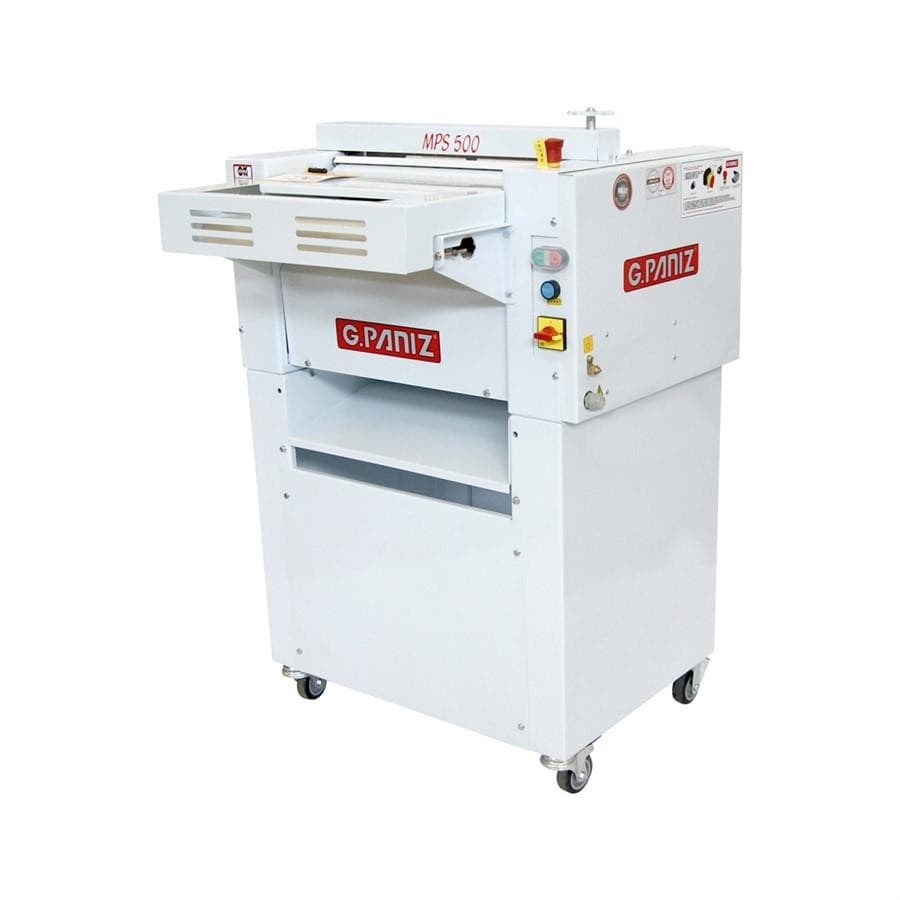 Modeladora de pão branca G.PAÑIZ MPS 500 com coluna de 50 cm, rodas e etiqueta vermelha