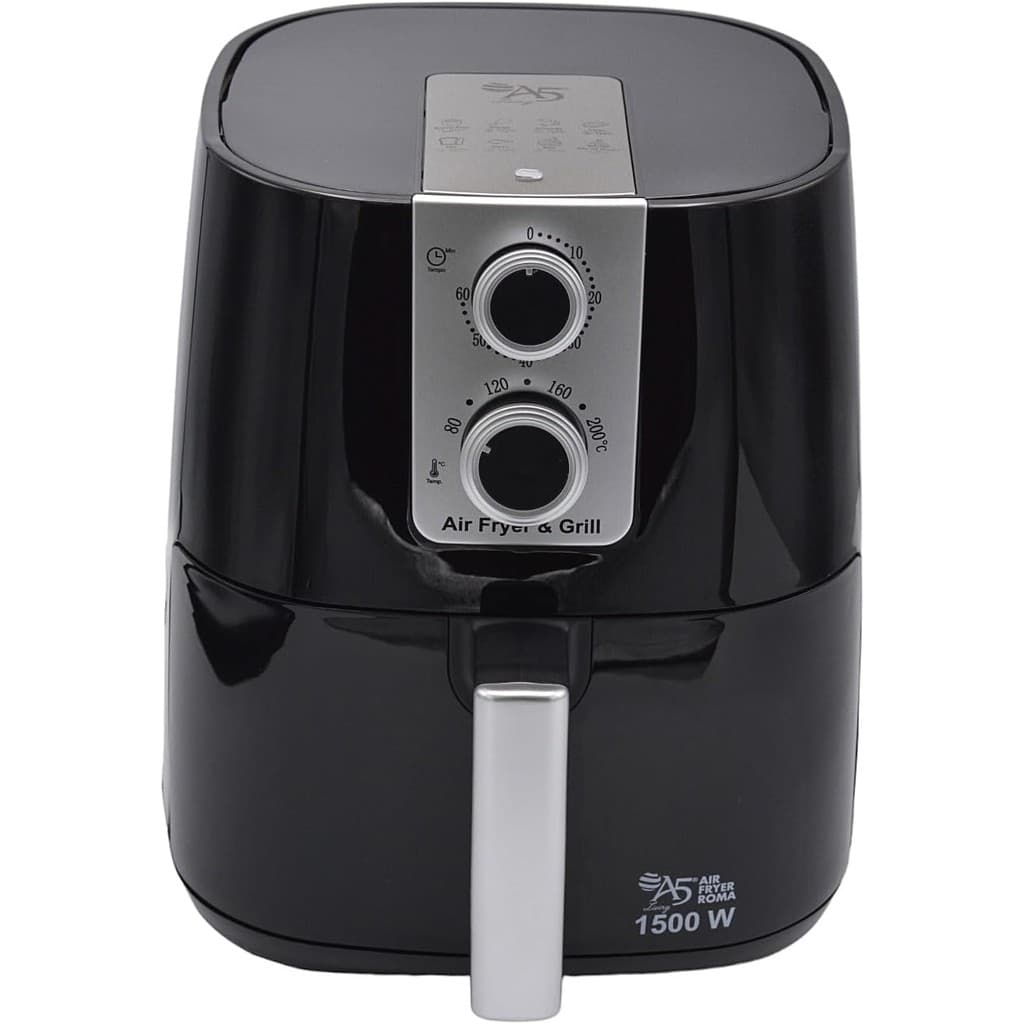 Friteira de ar preta e prata Air Fryer Milão A5 7,5L com controles de temperatura e tempo