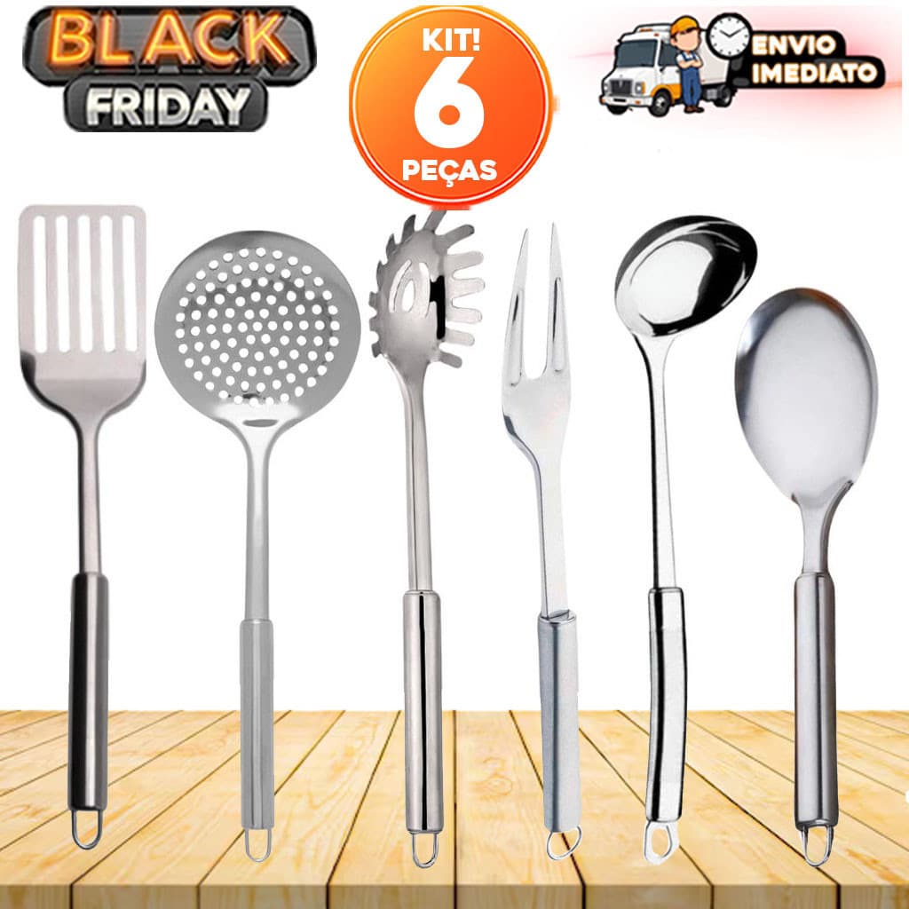 Conjunto de 6 utensílios de cozinha inox com espátula, escumadeira, pegador, garfo, concha e colher para Black Friday
