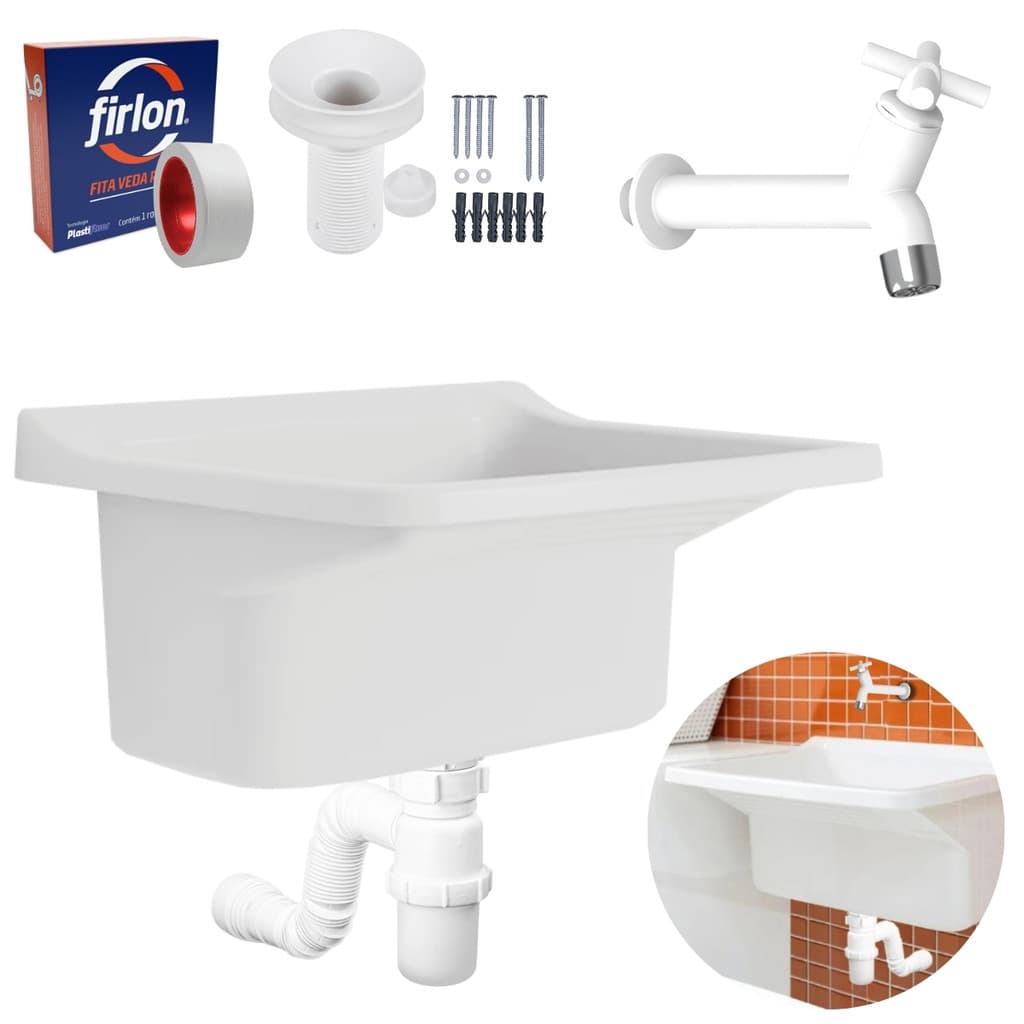 Tanque Plástico 40L Para Lavanderia Branco + Sifão Copo Universal Sanfonado + Veda Rosca + Torneira Branca