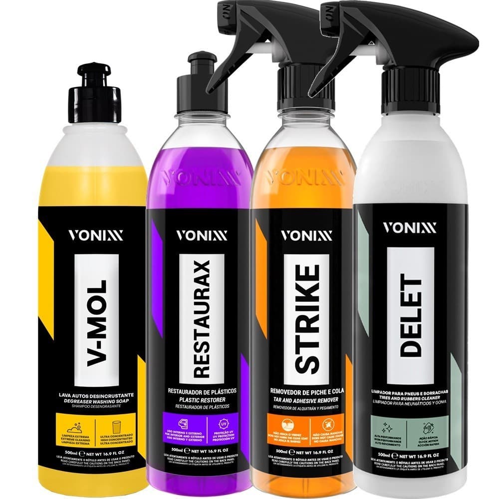 Kit Produtos para Estética Automotiva Vonixx com V-Mol, Strike, Delet e Restaurax