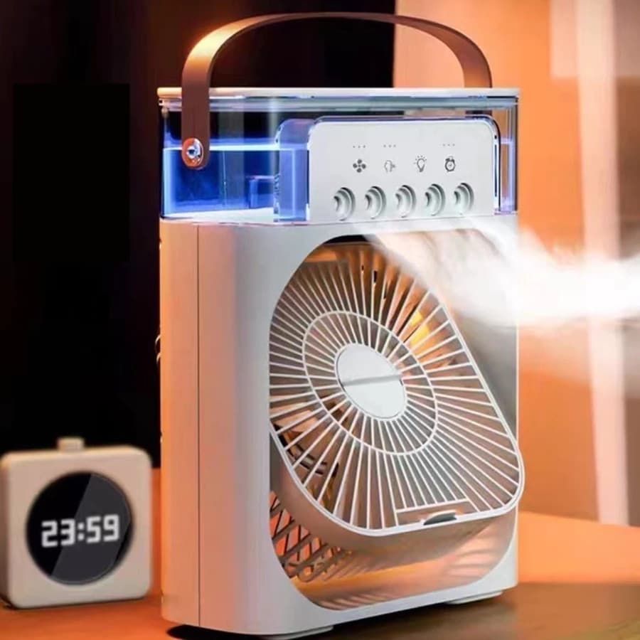 Mini ar condicionado climatizador umidificador ventilador portátil USB LED branco e azul