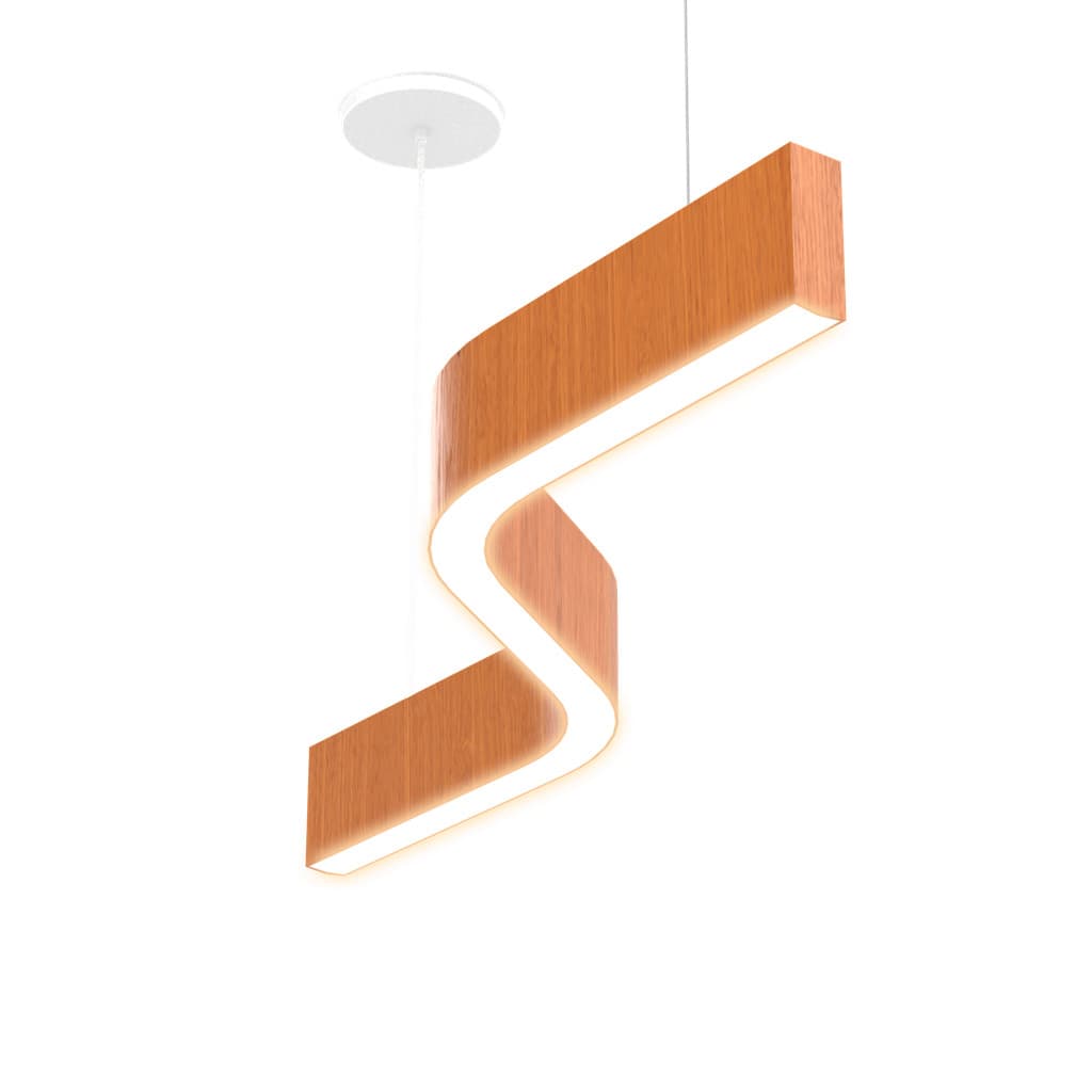 Luminária pendente linear de madeira com acabamento em S, iluminação branca, 92cm