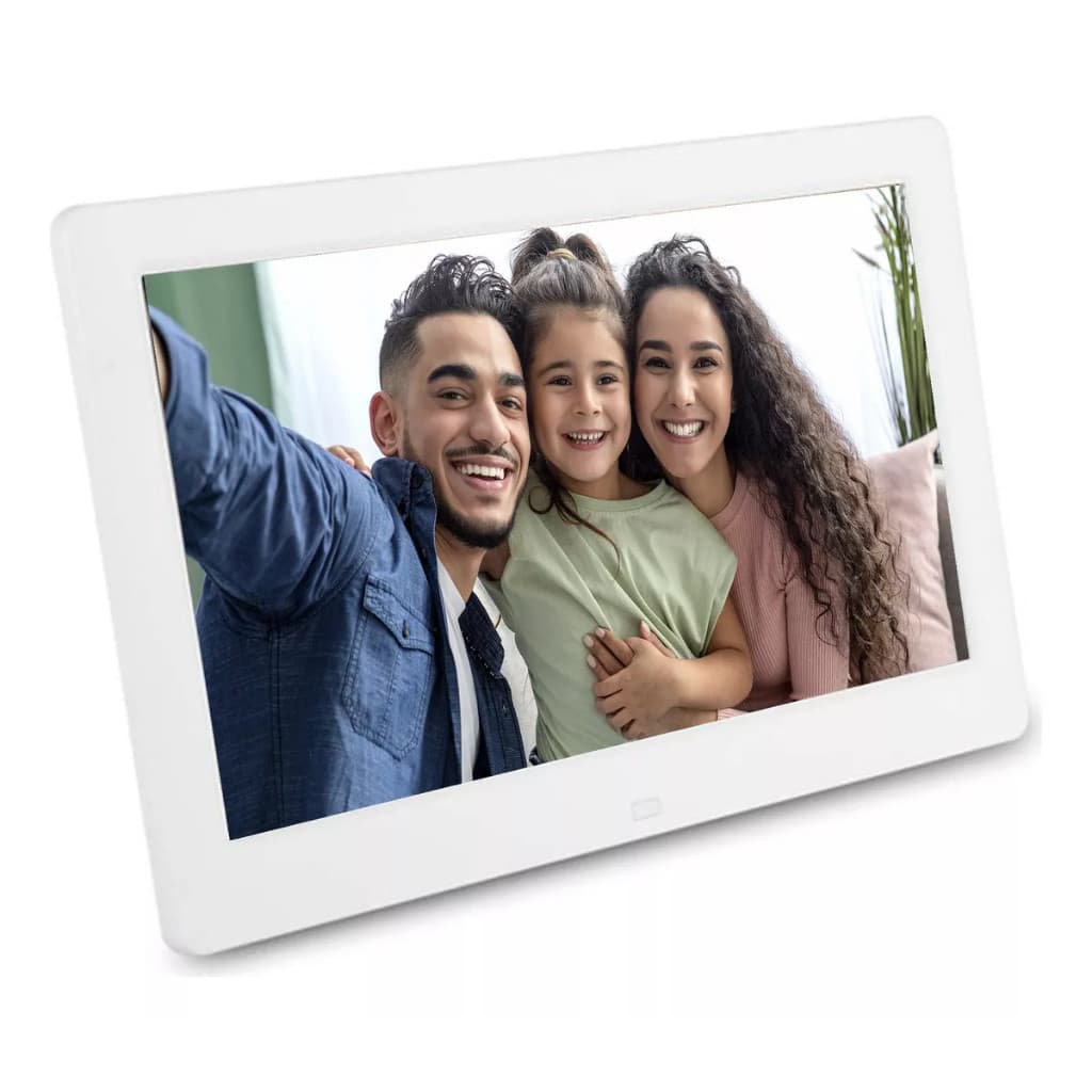 Porta-retrato digital MAX-1207 de 10 polegadas com tela LCD branca exibindo uma foto de família sorridente