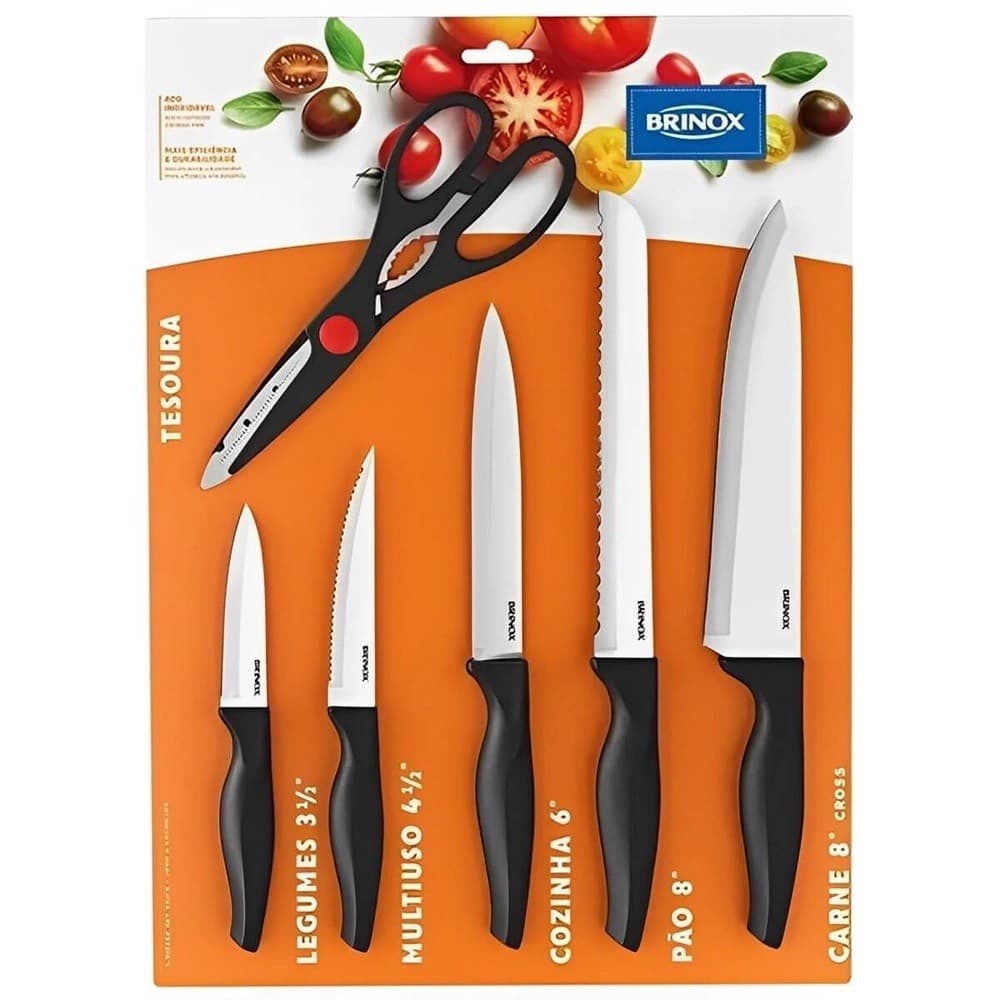 Conjunto de facas de cozinha 6 peças aço inox Brinox com tesoura