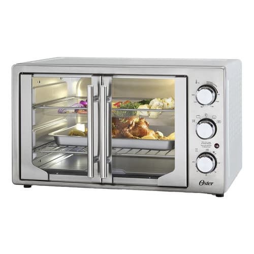 Forno e fritadeira Air Fryer Oster French Door 42L, aço inoxidável, portas de vidro, controles, alimentos cozidos