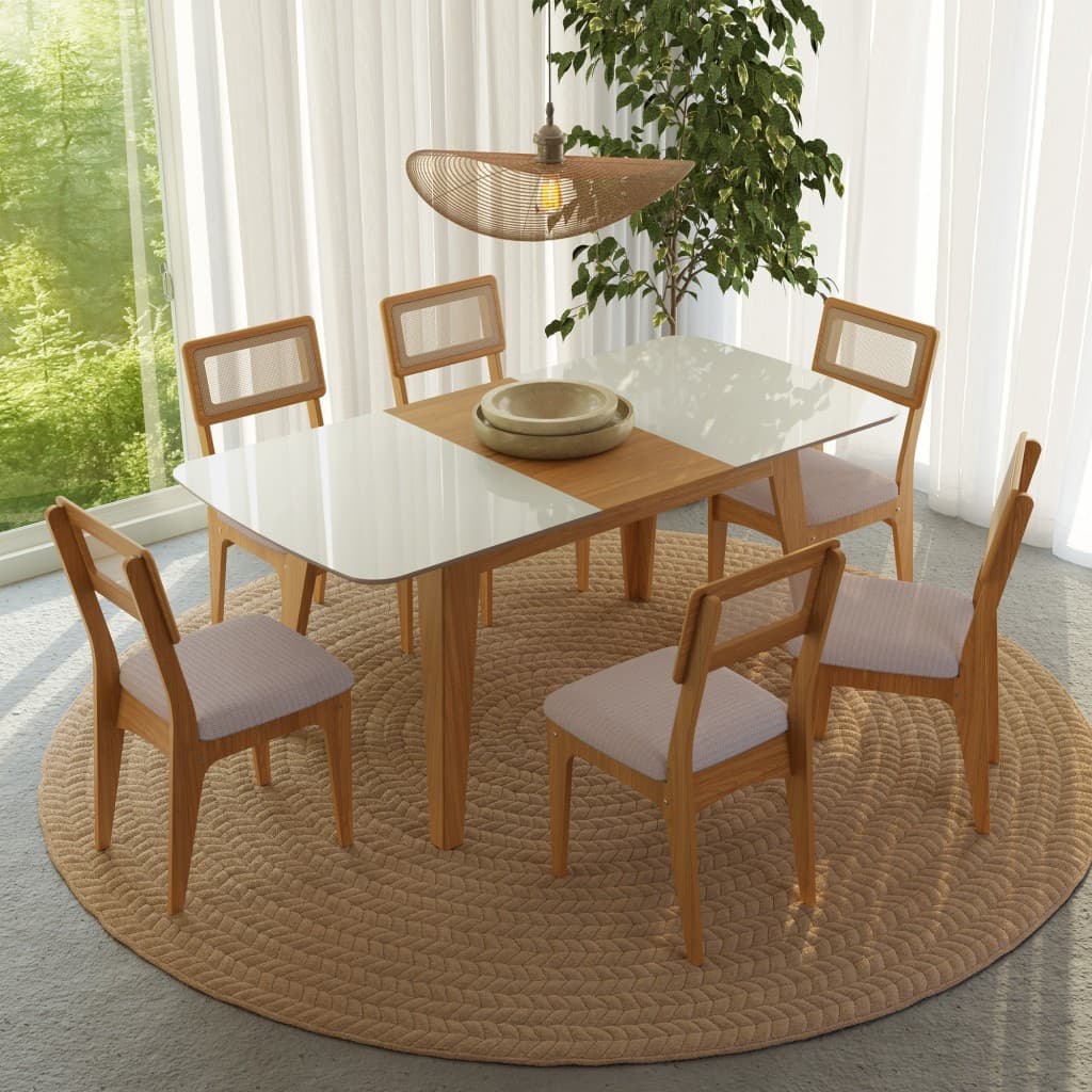 Conjunto de sala de jantar com mesa extensível e cadeiras de madeira com tela sintética