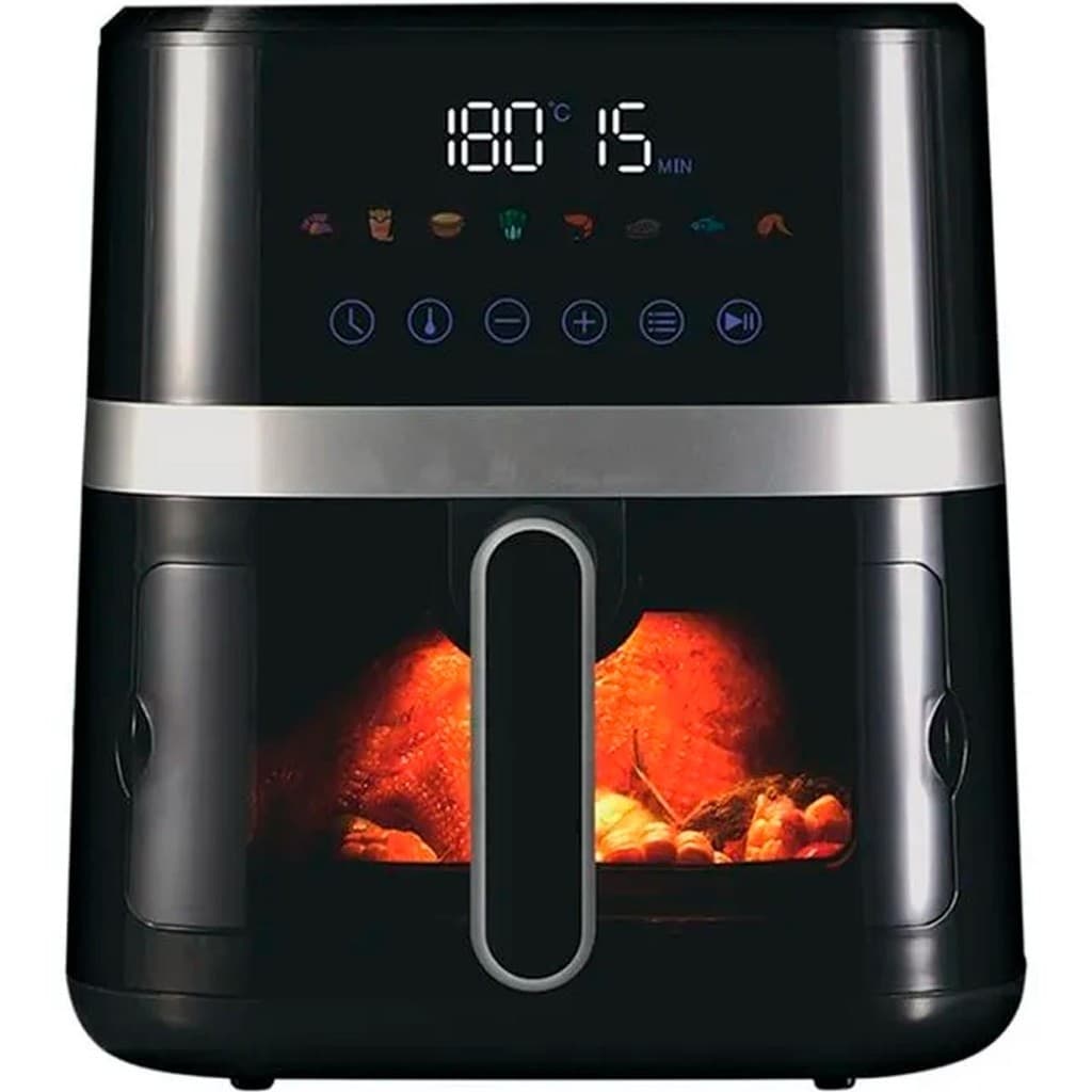 Fritadeira elétrica Air Fryer Fritadeira Elétrica Touch Jumbo Gaabor 5.5L 1500w, preta e prata, com tela digital e frango assado visível