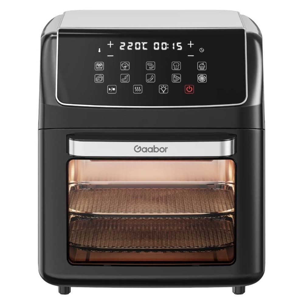 Fritadeira Elétrica Air Fryer Oven Gaabor 12 Litros 1800W com porta aberta mostrando bandejas de cozimento