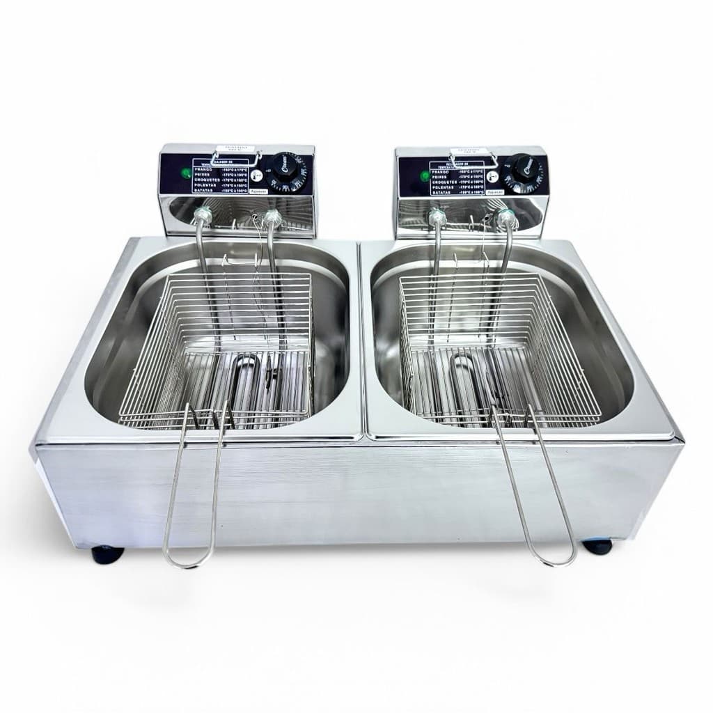 Fritadeira industrial elétrica 16L com duas cubas, controles de temperatura, rodas e cestos removíveis