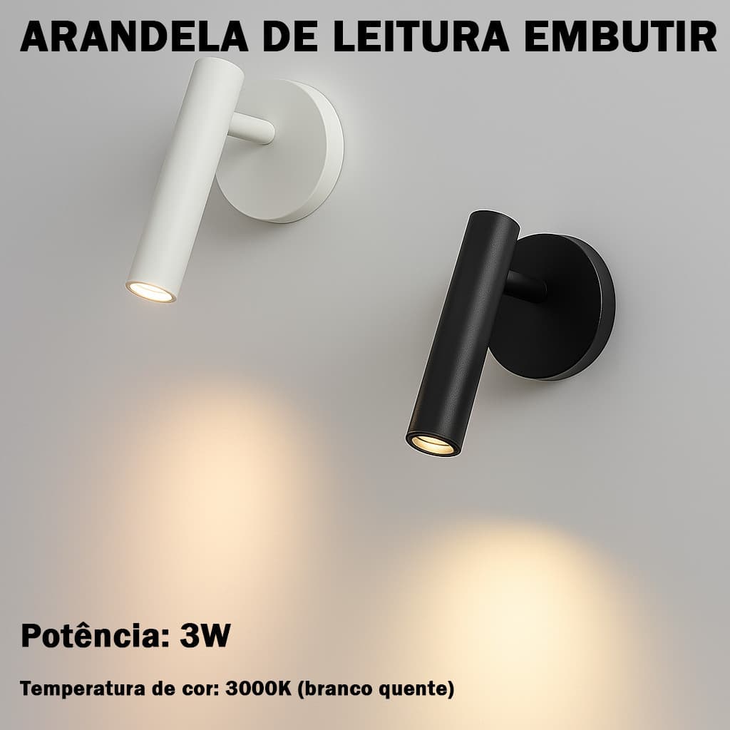iluminação Arandela Leitura Embutir 2W LED 3000K Preta/Branca Bivolt IP20