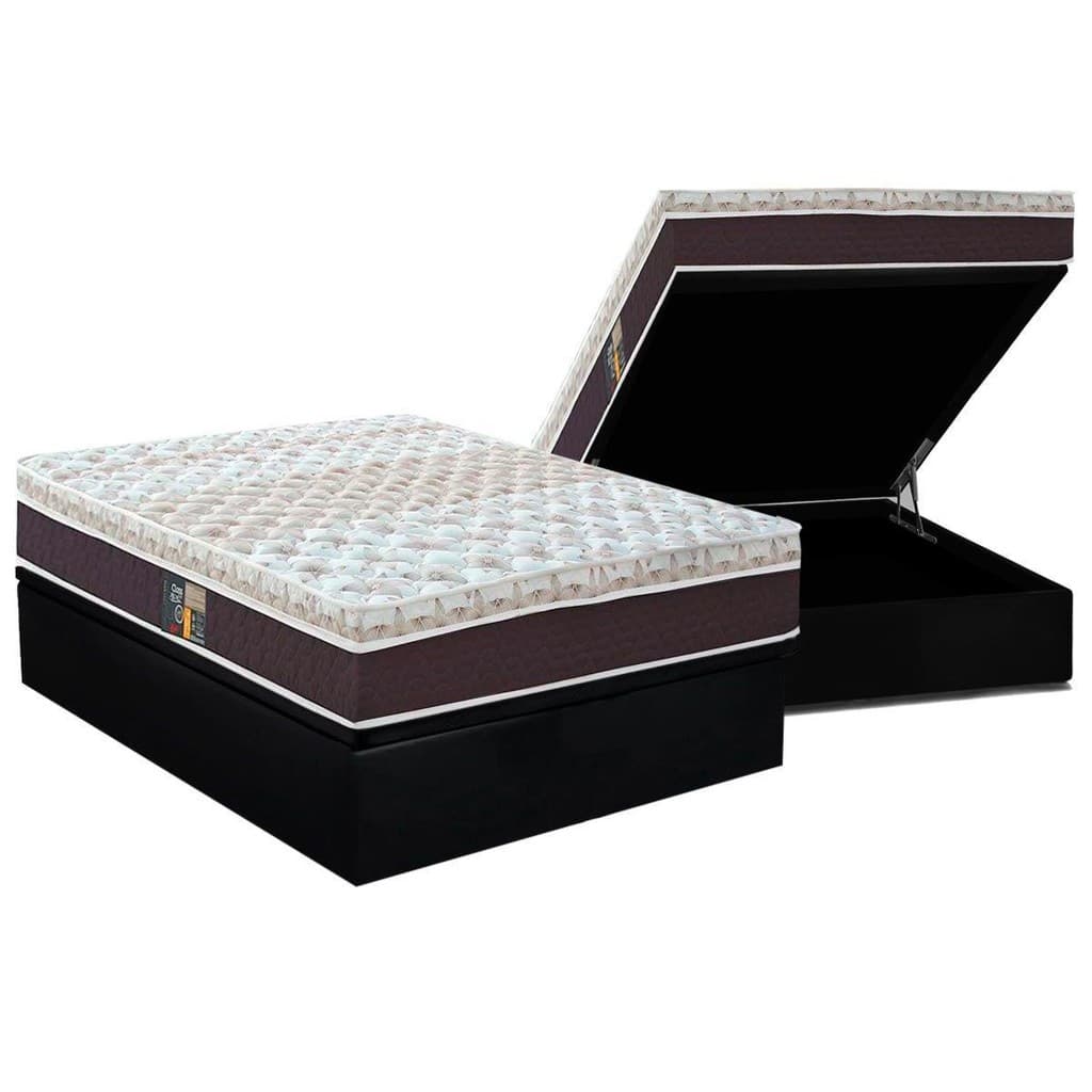 Conjunto Box Baú Casal: Colchão Molas Castor Pocket Class Híbrido + Base CRC Courano Black(138x188)