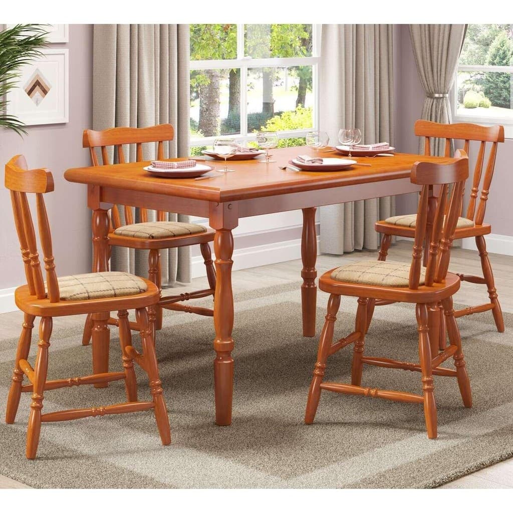 Conjunto mesa de jantar com 4 cadeiras estofadas madeira maciça 125cm
