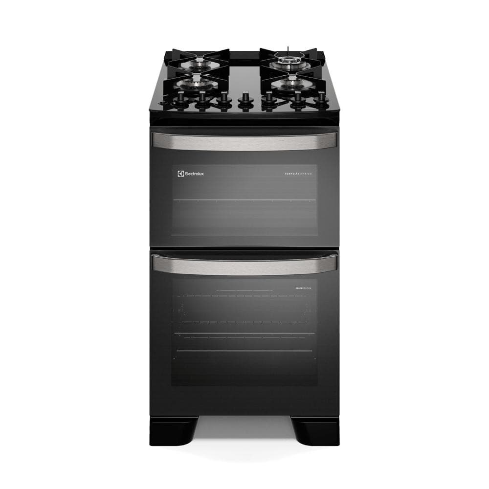 Fogão Electrolux 4 bocas Preto com mesa de vidro, dois fornos e tripla chama, fundo branco