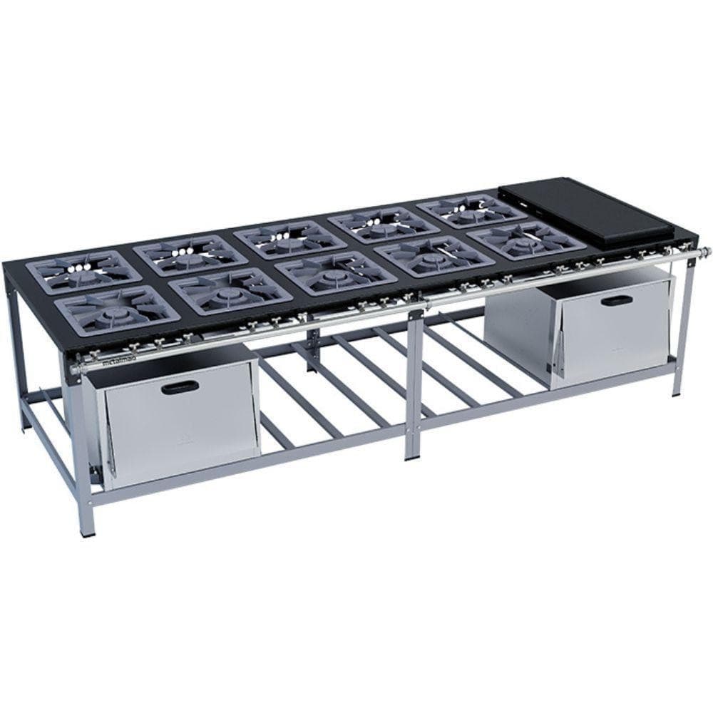 Fogão industrial Stori Premium 10 bocas 40x40 com 2 fornos e chapa M32 Metalmaq, aço inox prateado e chapa preta