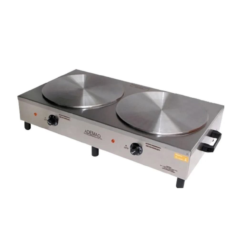 Máquina de crepe elétrica Ademaq com duas placas de metal e controles de temperatura