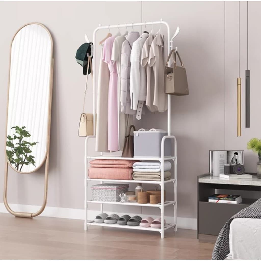 Arara dupla de roupas em aço inoxidável com prateleiras multiuso, branco