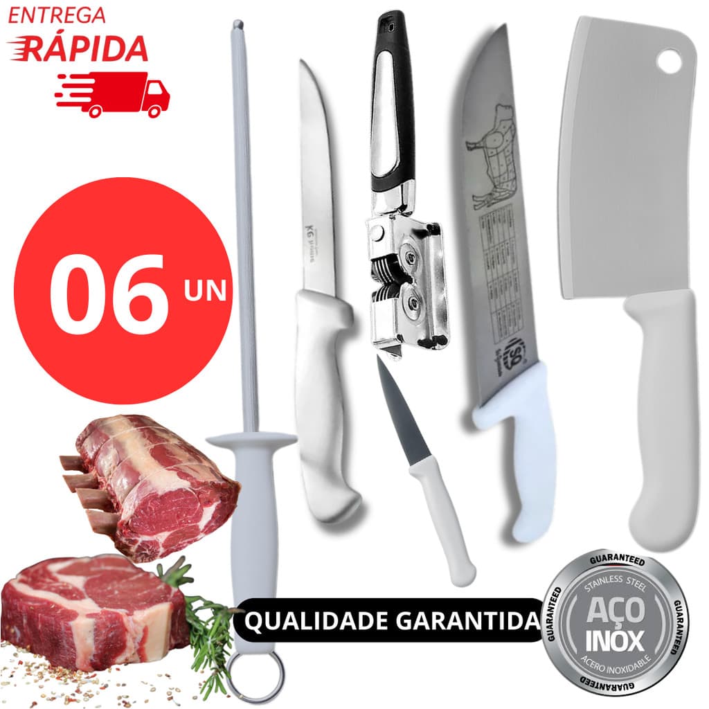 Conjunto 06 Facas Profissional Faca para Açougueiro Cutelo e Faca Churrasqueiro Amolador e Chaira Restaurante