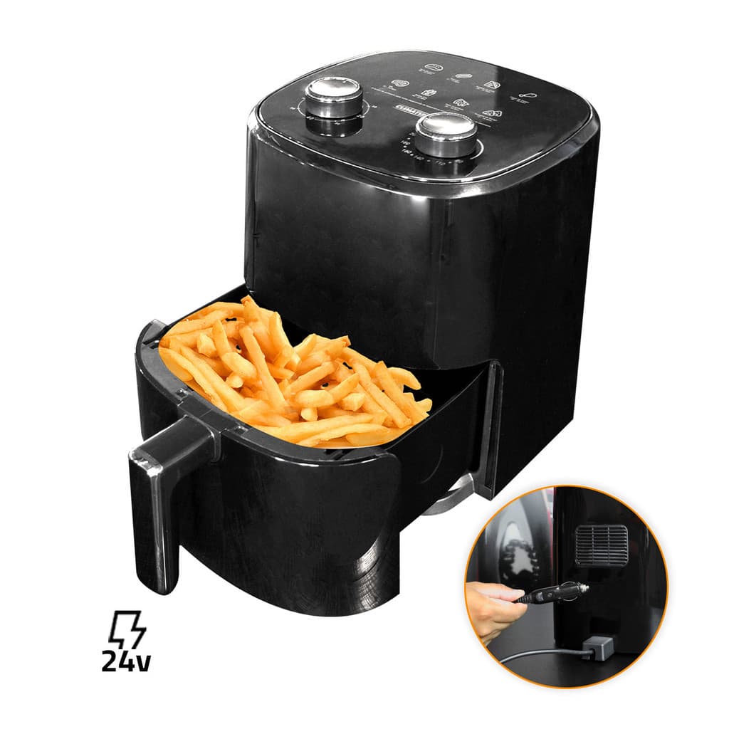 Fritadeira elétrica Air Fryer 4 litros 24V 250W com controle, mostrando cesta com batatas fritas douradas