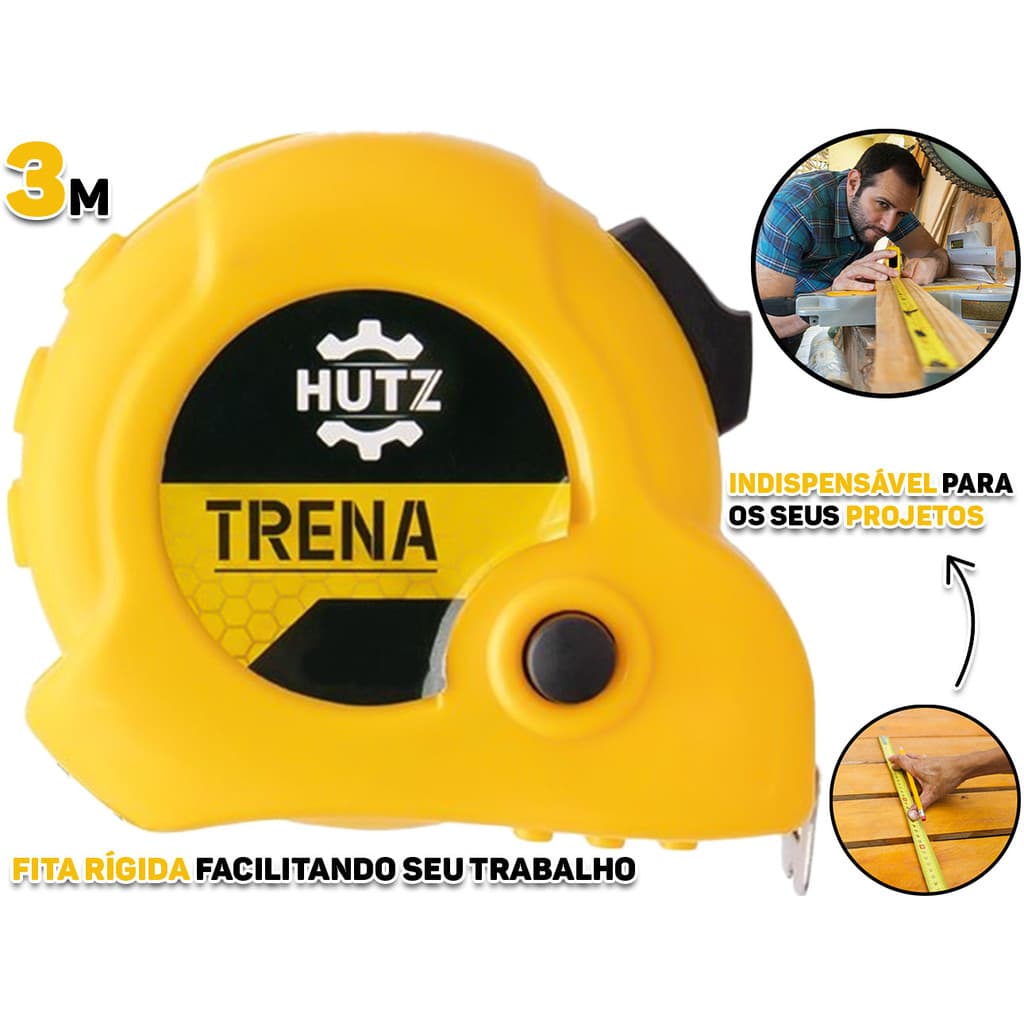 Trena De Bolso Plástica Fita Métrica Aço Inox Com Trava 3m x 16mm Profissional Para Construção Carpintaria