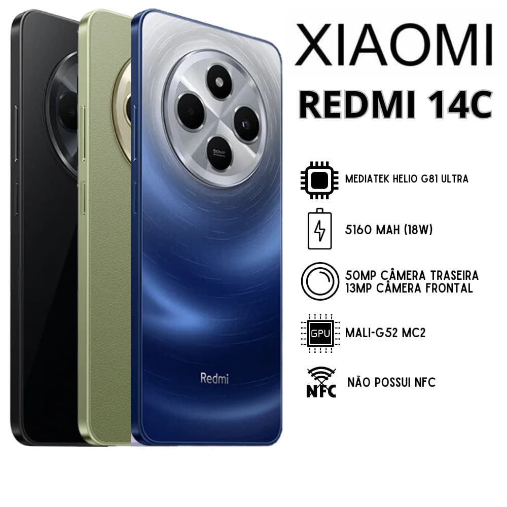 Smartphone Xiaomi Redmi 14c em cores preto, verde e azul com destaque para a câmera traseira e especificações técnicas