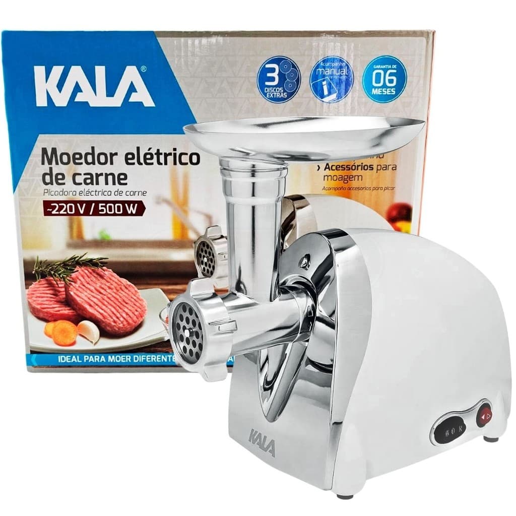 Moedor Elétrico para Carnes, Linguiças, Kibes, Bolachas 500W com 8 Adaptadores - Kala