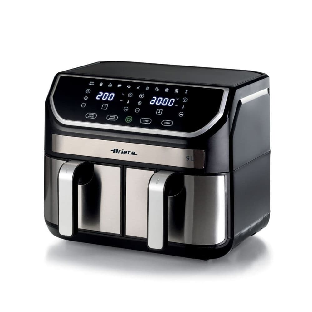 Fritadeira Air Fryer 9L Metal Com Cesto Duplo 220V 2100W Ariete, preta e prata, contra fundo branco.