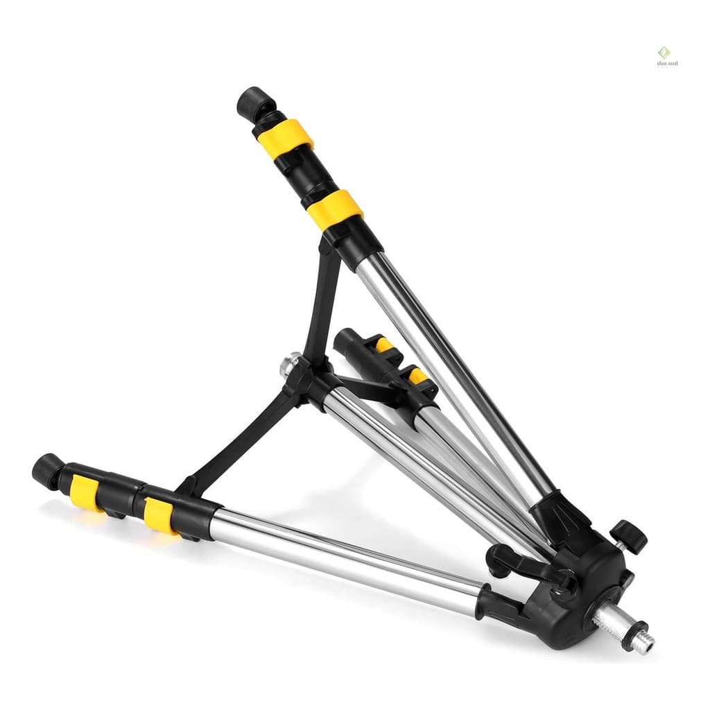 Suporte tripé para nível laser preto e amarelo em posição de uso