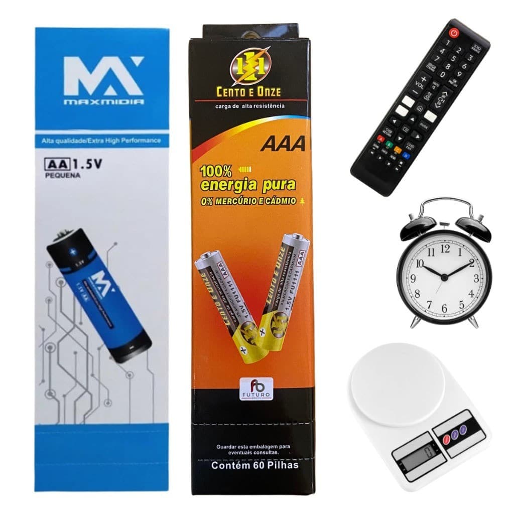 Kit com pilhas AAA e AA, 60 pilhas Fultro, controle remoto e relógio despertador